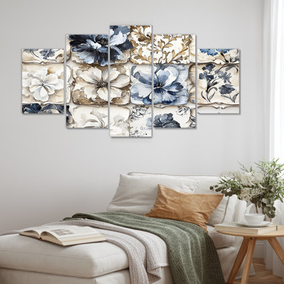 «White and Blue Floral Abstract Tiles IV - Boho Tiles», ensemble d'art mural
