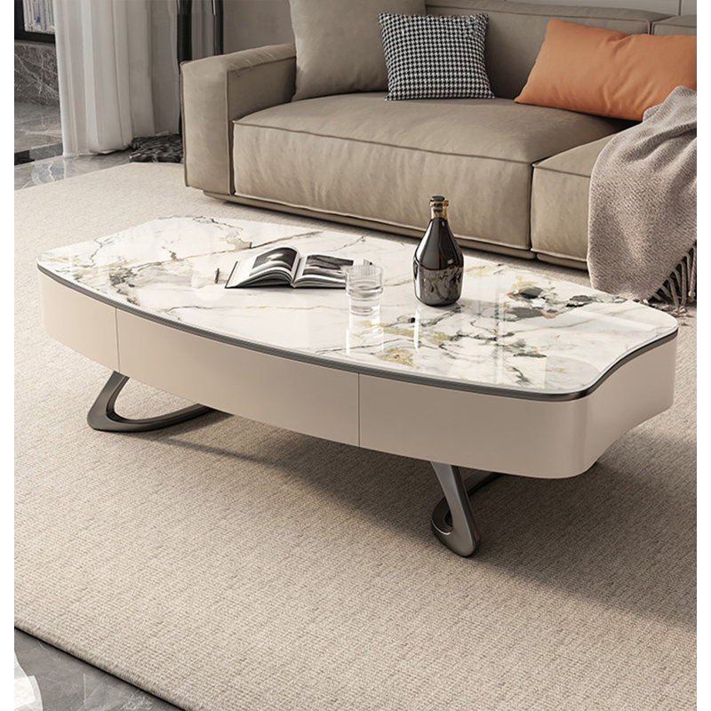 Modern irregular oval stone coffee table, 15.75" H x 47.24" L x 27.56" W
