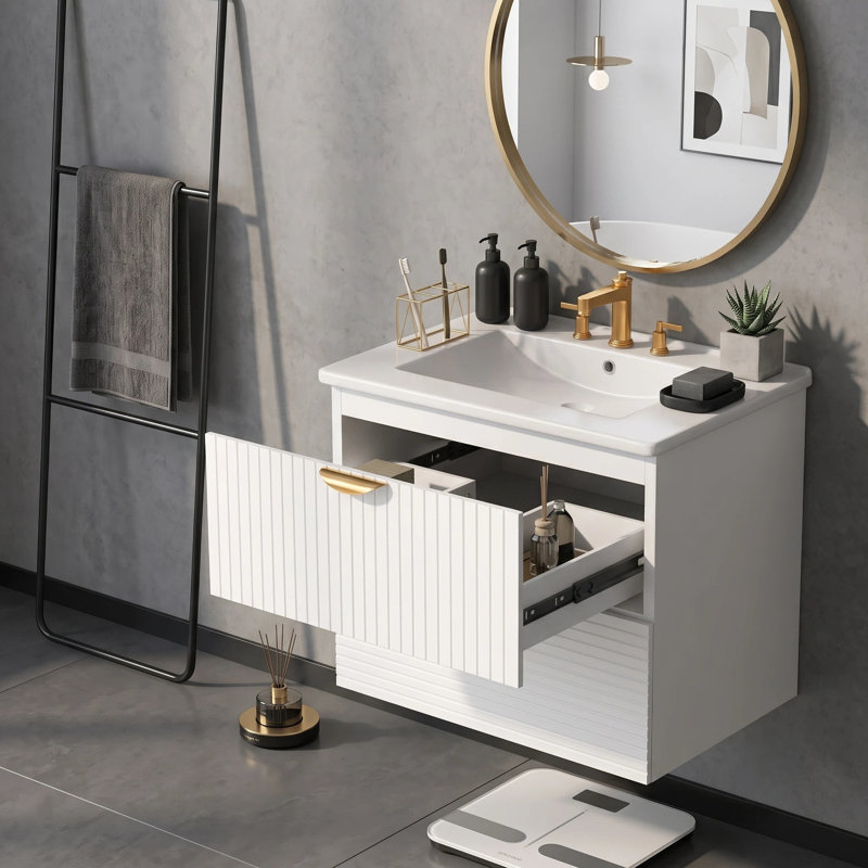 Ensemble de meuble-lavabo moderne à 2 tiroirs avec plateau en céramique, Blanc