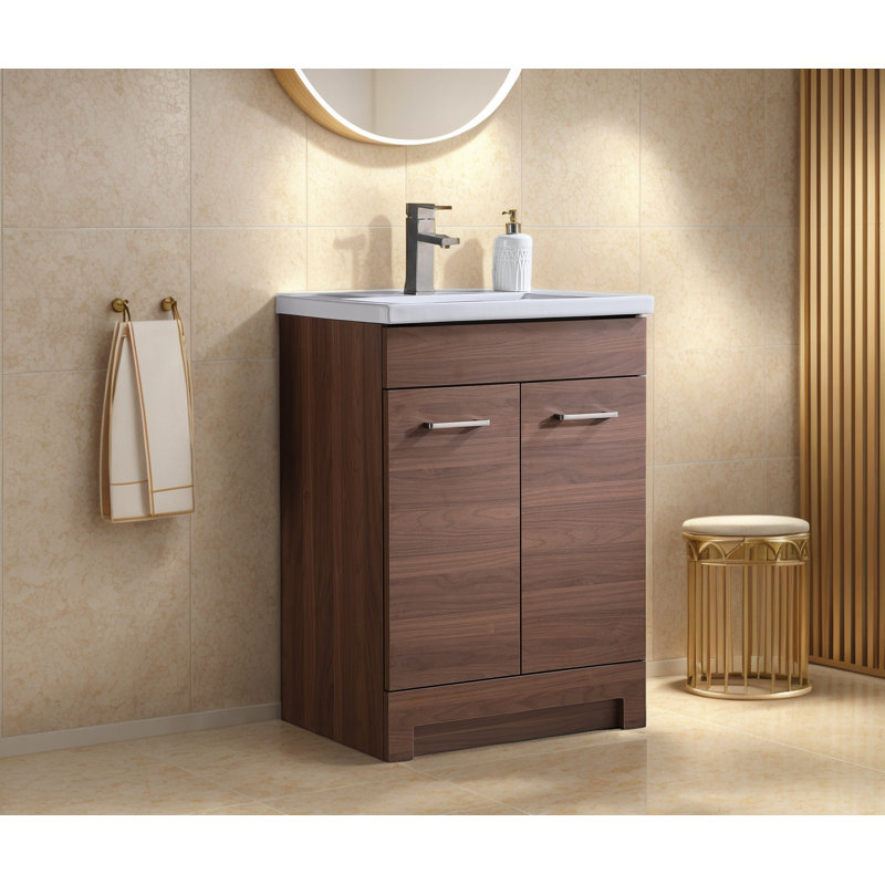Ensemble de meuble-lavabo simple 24 po 2 portes avec lavabo en céramique 24 po, Noyer