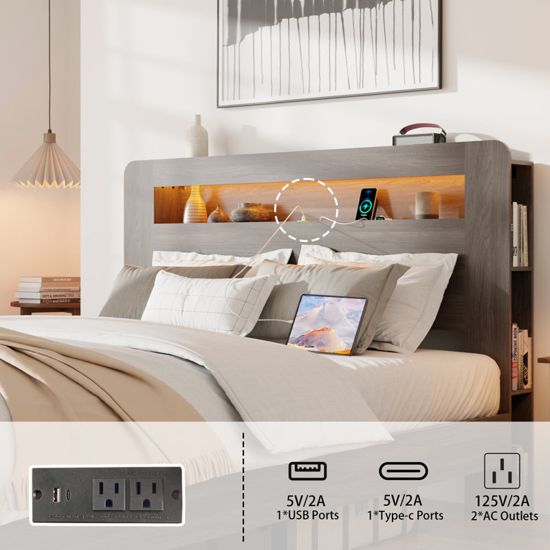 Cadre de lit grand lit, lit plateforme en bois, tête de lit à DEL avec rangement, 2 pour recharger des gadgets, fonction de bruit, pas de sommier, tâche d'assemblage facile, accessoires spacieux sous l'espace améliorés,