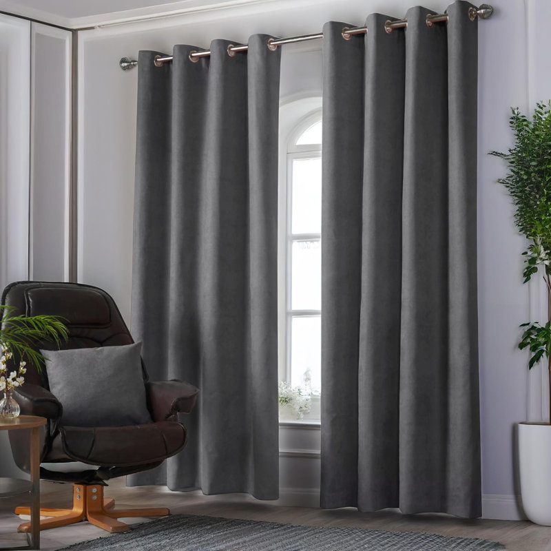 Nalaiyah Velvet Chenille Eyelet Room Darkening Curtains, 142cm Width x 229cm Drop, Slate