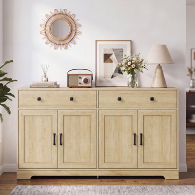 Buffet moderne 63 "avec tablettes et tiroirs réglables - Finition en bois naturel, poignées noires pour la salle à manger, la cuisine, le salon