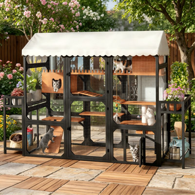 Grande cage d'extérieur en bois noir pour chat, abri pour chat à plusieurs niveaux avec 2 supports à plantes, toit résistant aux intempéries, boîte de repos et rampes d'escalade