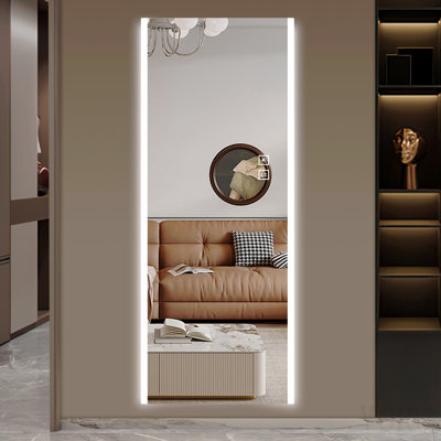 Moderne 65 po X 21 po Miroir mural à DEL avec bords givrés, verre argenté haute définition de 5 mm et film de sécurité incassable, intensité variable 3 couleurs