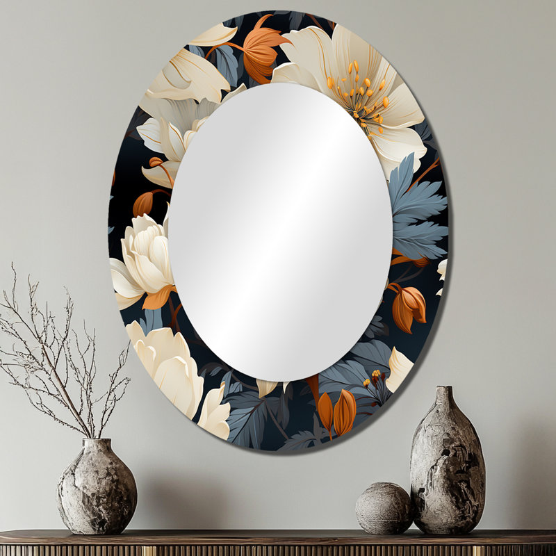 Magnifique miroir mural ovale blanc Magnolia Blooms, H 40 po x l 30 po