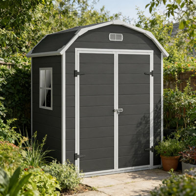 Remise de rangement en résine 6 pi x 4,5 pi avec plancher, remise de jardin extérieure résistante aux intempéries, remise en plastique avec portes doubles pour la cour, le patio, le vélo