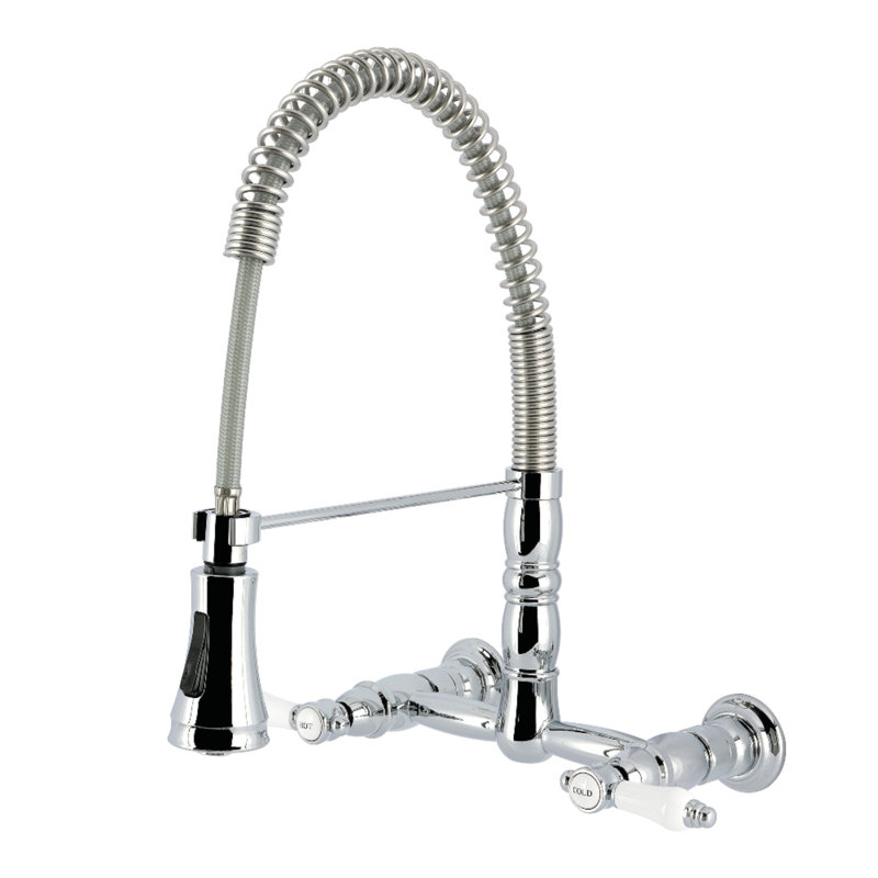 Kingston Brass Bel-Air Double-Handle 2-Hole Wall-Mount Pre-Rinse Bridge Kitchen Faucet, Polished Chrome