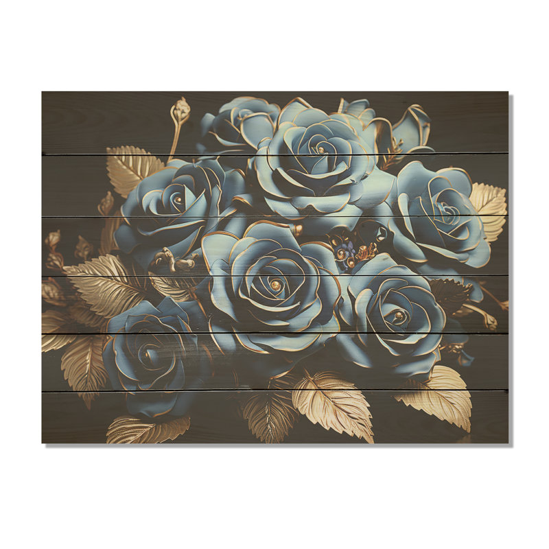 «Azure Blue Roses Arrangement Elegance I - Roses, art sur bois de pin naturel, H 10 po x l 20 po