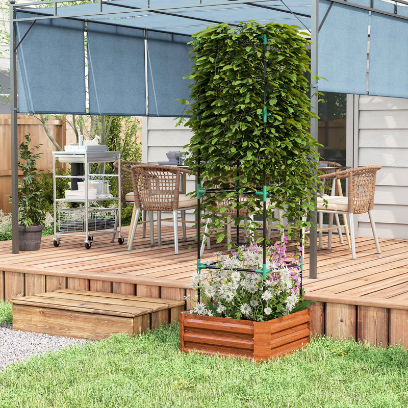 24"X24"X11.98" Raised Garden Pot Bed, Brown. Galvanized With Versatile And Strong Trellis Tomato Cage. Open Bottom Design For Efficient Drainage. Improve Your Outdoor Living Space Backyard, Garden,