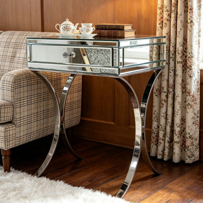 Table de chevet Toby de 68,5 cm de hauteur avec miroir, 1 tiroir et pieds croisés en métal