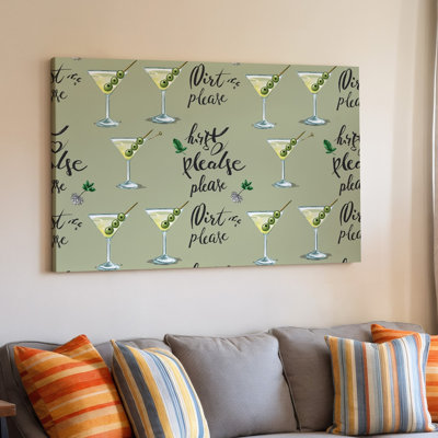 La toile crée un motif sans couture avec un arrangement ludique d'art martini, verres sur fond vert olive