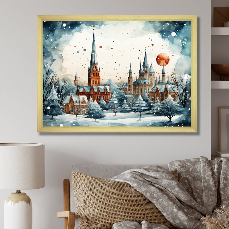 «Christmas Village In Winter II - Winter Landscape», art mural, Cadre flottant noir, H 24 po x l 32 po x P 1 po