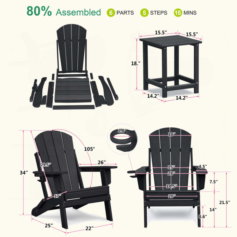Folding Outdoor Adirondack Chair Set Of 2 And Table Set,HDPE All-Weather Folding Fire Pit Chair,  Ergonomic Design Patio Lawn Chair For Outside Deck Garden Backyardf Balcony