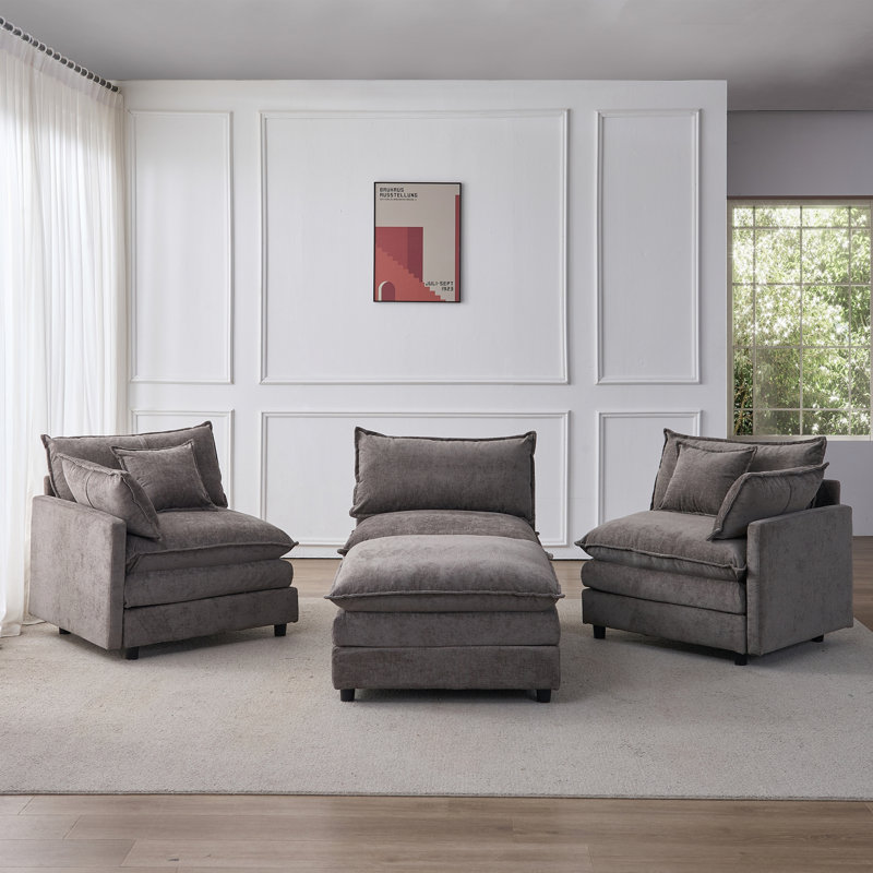 Canapé modulaire rembourré en tissu de chenille doux, canapé modulaire 3 places avec repose-pieds, Gris