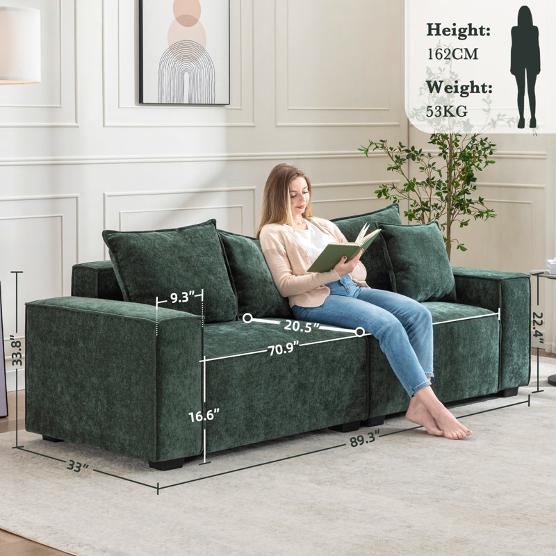 Makassar 89.37' Sofa with Square Armrests, Green Shearling