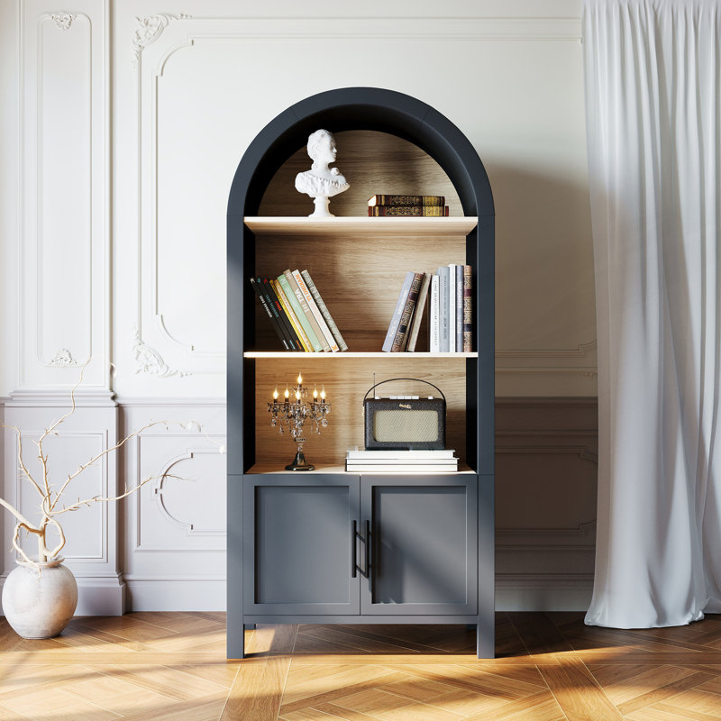 Bibliothèque arquée avec rangement, armoire arquée moderne à 3 niveaux avec porte Mid-Century, bibliothèque arquée