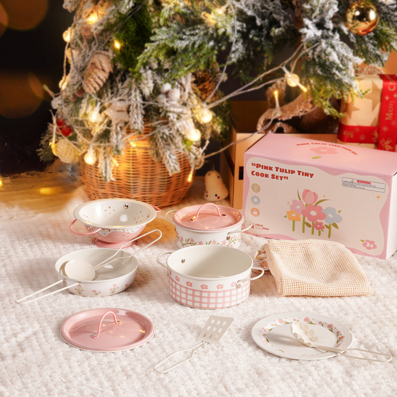 Ensemble d'accessoires de cuisine Pretend Play avec batterie de cuisine en métal, ustensiles de cuisine et sac de rangement