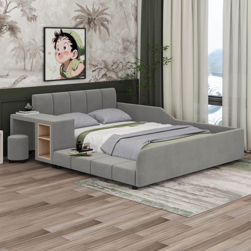 Ilyne Full Size Upholstered Bed, Mother & Child Bed with Bedside Desk and Little Round Stool, Gray