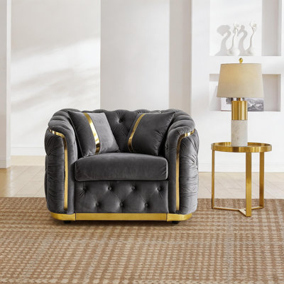 40.6 Inches Mid Century Modern Chesterfield 1-Seater Sofa, Luxury Velvet Gray and Gold Couch for Living Room Tufted Armchair with Stainless Steel Decoration & 2 Pillow,  Charcoal