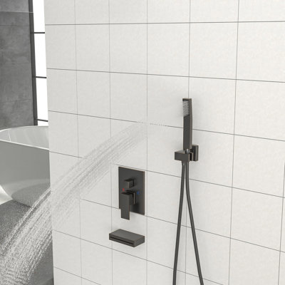 Douchette en bronze huilé - Pommeau de douche carré effet pluie de 30 cm, douchette à main, bec de baignoire en cascade, robinetterie équilibrée, fixation murale, installation facile, débit d'eau réglable, forme du pommeau, douchette à main incluse, bras de douche
