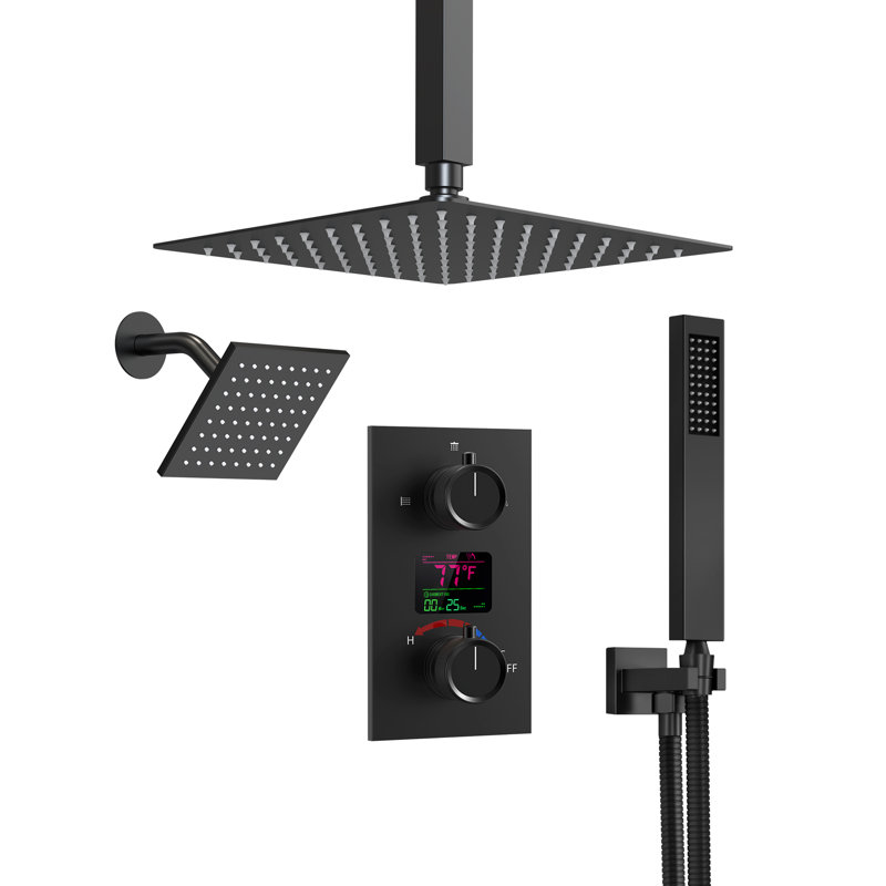 Digital Shower System with Pressure Balanced Valve, 12" Ceiling Mount Rainfall Dual Shower Head and Handheld Shower