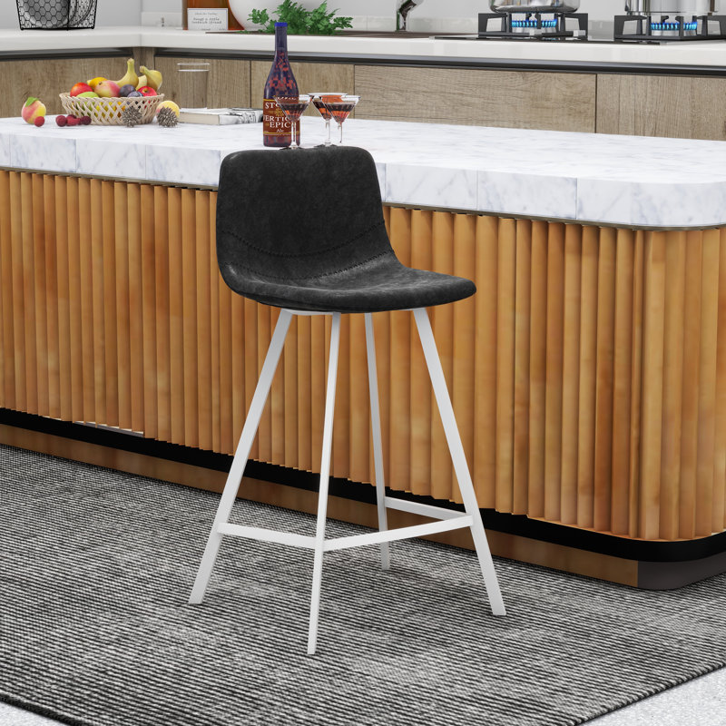 Voshon Leather 41” Counter Height Bar Stool With Stainless Steel Legs, Charcoal Black