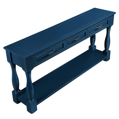 Hallway Console Table, 63Inch Long. Navy Blue, Solid Pine Wood, Functional Storage, Easy To Put Together Table For Living Room, 63". 3 Drawers And Shelf, Stable, Simple Setup