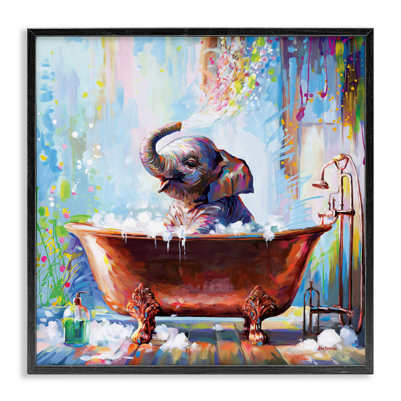  «Splashing Baby Elephant Giclee Art» par Leon Devenice, H 12 po x l 12 po, Giclée encadrée noir minuit