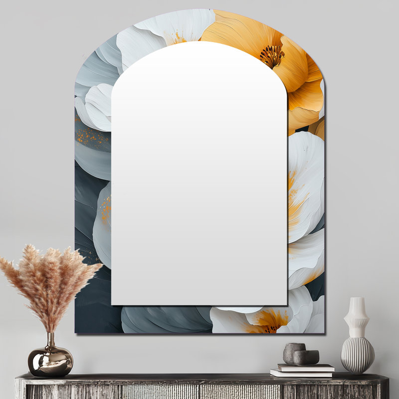 Pétales de velours fleurs sauvages jaune IV - miroir asymétrique fleurs sauvages, miroir mural décoratif arche jaune, impression d'art en métal