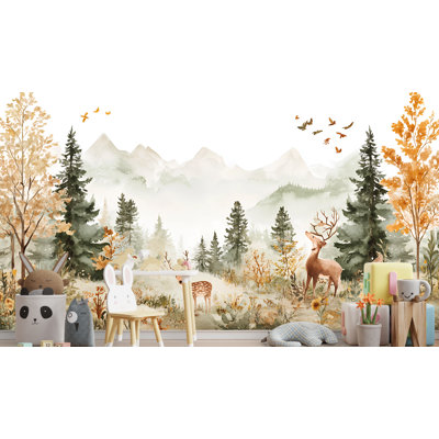 Papier peint aquarelle forêt de cerf - Paysage d'automne avec montagnes, arbres et animaux sauvages pour chambre de bébé