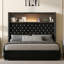 Structure de lit double capitonnée en velours pleine grandeur avec port USB et veilleuse, tête de lit haute 52 po avec rivets, lit plateforme à oreilles avec tablette de tête de lit, noir