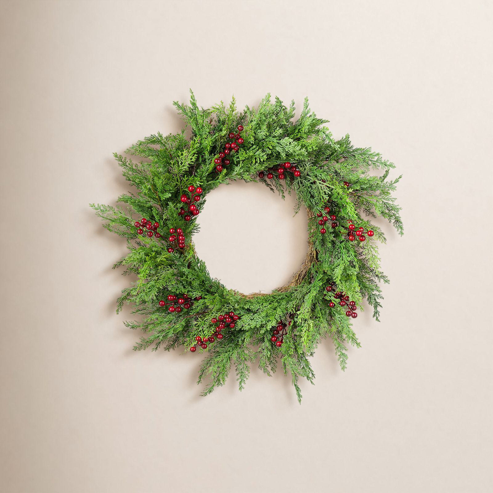 Acala 24'' W UV Resistant Artificial Cedar Wreath with Red Berries