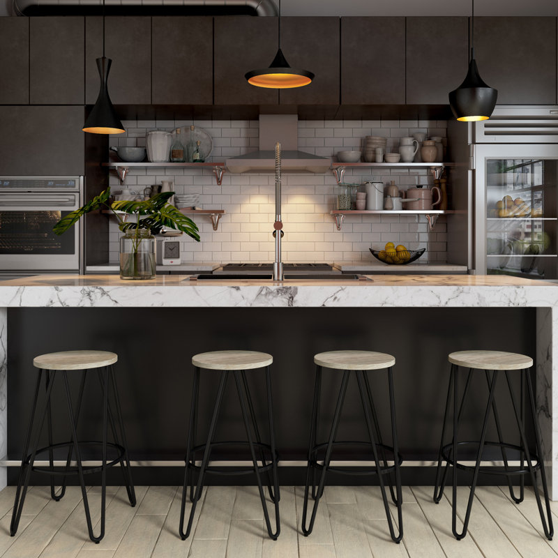 Simeon 26" Natural Wood and Black Metal Backless Counter Stools