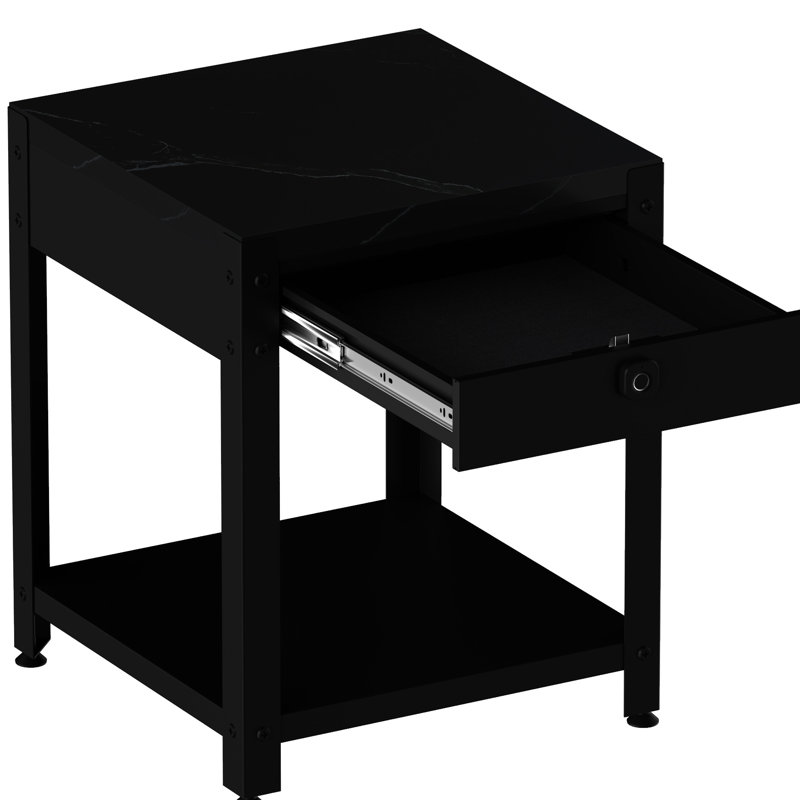 Table basse carrée double couche avec compartiment caché et protection contre les empreintes digitales, motif en marbre noir, idéale pour les salons dans les appartements, avec matériaux, alarme de profondeur 19,41 po
