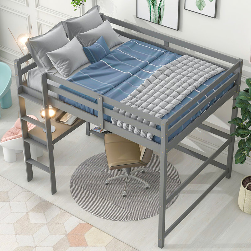 Lit mezzanine avec bureau, tablettes et échelle, Gris