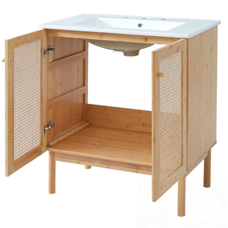 Meuble-lavabo avec lavabo, 2 portes et poignées en métal, Natural