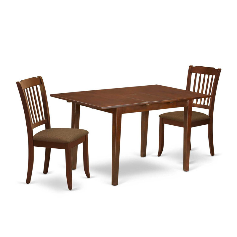 Ensemble de table de cuisine 3 pièces comprenant une table de salle à manger rectangulaire avec rallonge papillon et 2 chaises rembourrées en lin, 81 x 152 cm, acajou