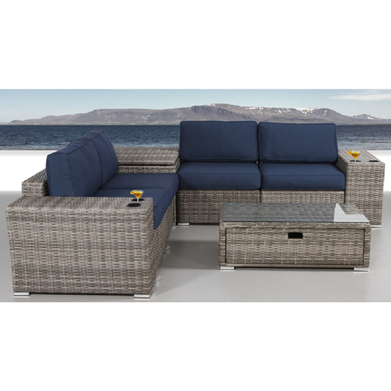 Wenlock Wicker- Fully Assembled 4 - Person Seating Group with Sunbrella Cushions, Navy Blue