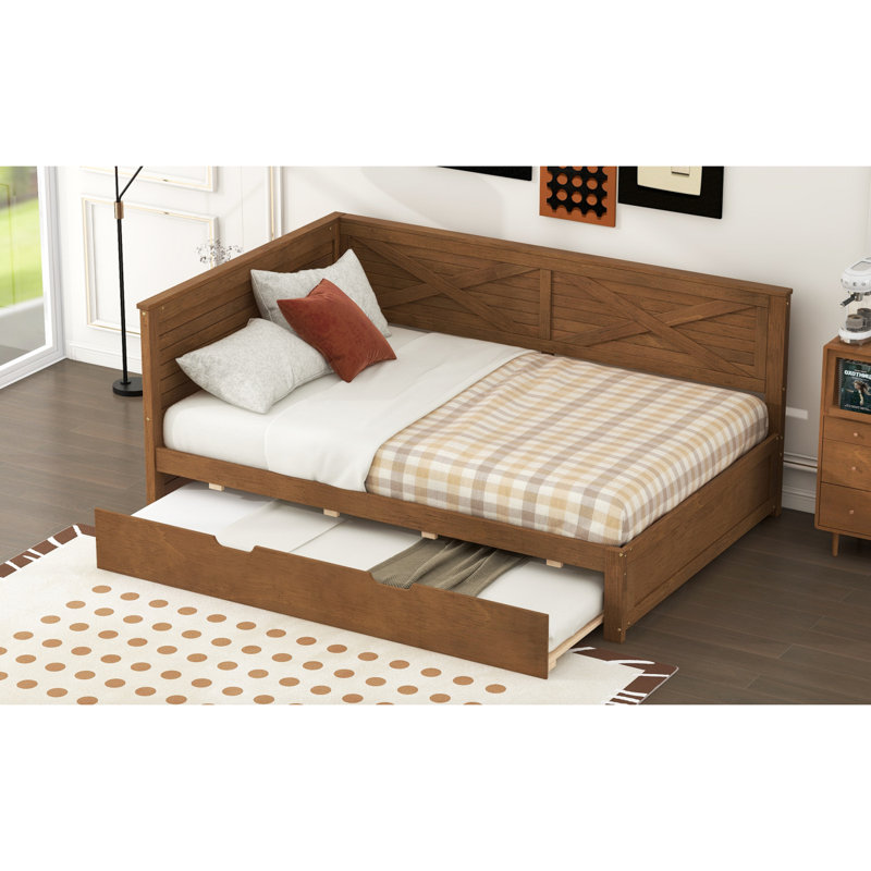 Wood Daybed With Trundle And Rustic Guardrail, Brown