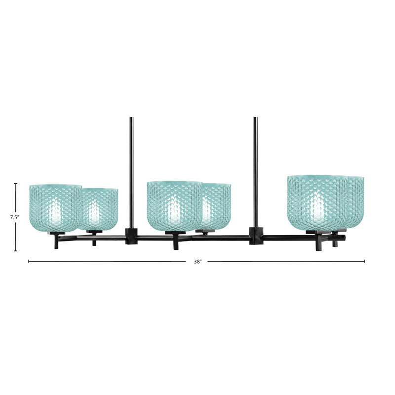 Luminaire pour îlot de cuisine 6 lumières Finola, Noir mat, Bleu sarcelle