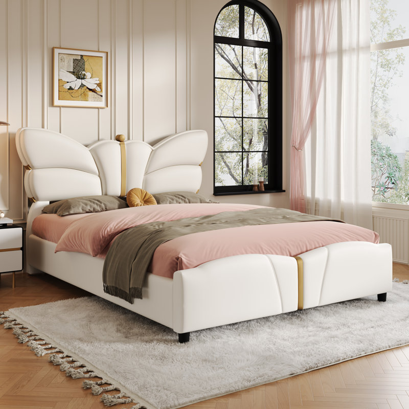Structure de lit pleine grandeur en similicuir rembourré, avec tête et pied de lit en forme de papillon, structure de lit plateforme avec décorations en métal doré, aucun sommier nécessaire, beige