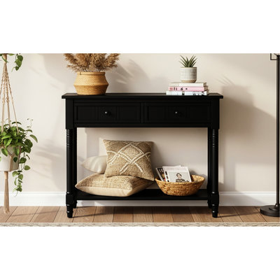 Series Console Table In Black, Traditional Style With Two Drawers And A Display Shelf, Crafted From Pine Black Featuring Bottom Solid Pine, For Multip