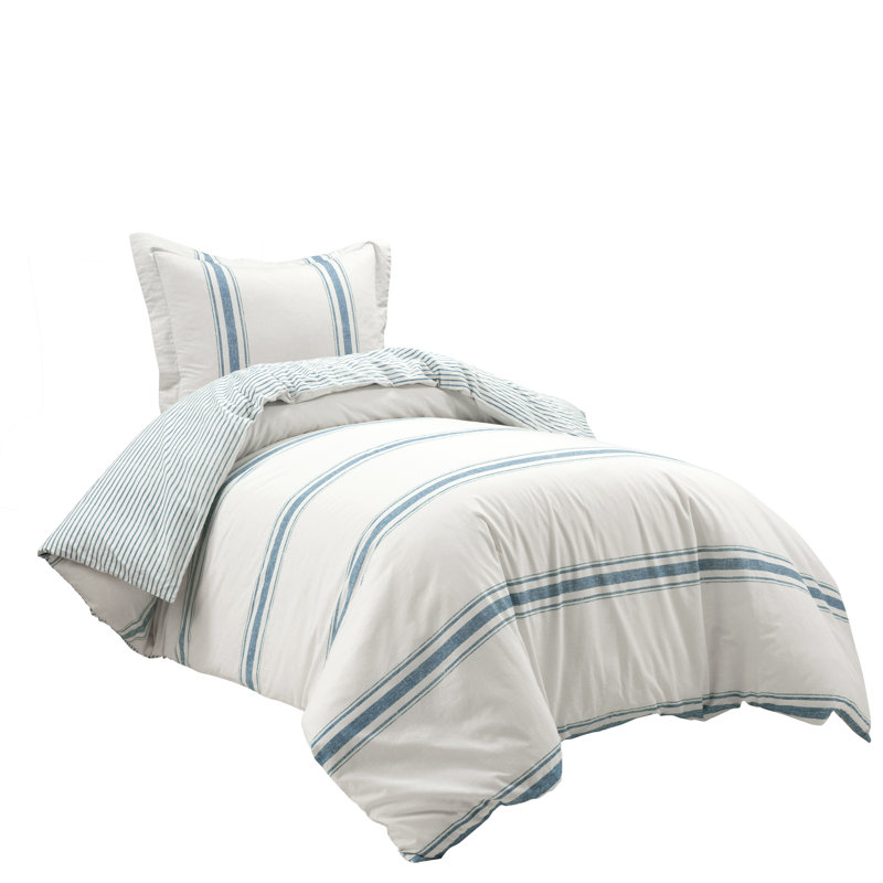 Blue and White Cotton Twin XL Reversible Duvet Cover Set