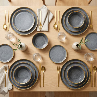 Service de table en porcelaine tachetée gris anthracite et or (service de 16 pièces pour 4 personnes)