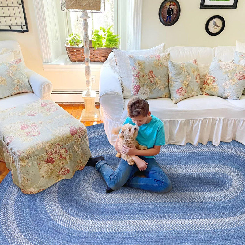 Tapis bleu réversible en jute tressé Damell, Ovale 8 pi x 10 pi