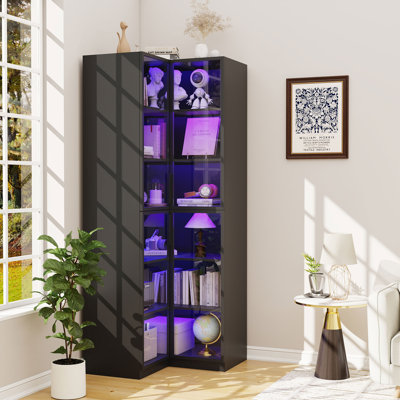 Display Cabinet With Glass Doors And Lights: 79" Black Tall Corner Bookcase With Doors, 6 Tier L Shaped Bookshelf, Large Corner Bookshelf With Storage by Latitude Run
