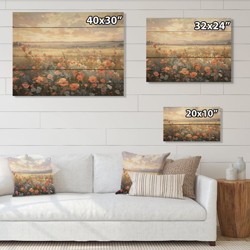 Corail, beige, prairie sauvage, impression sur bois I, H 10 po x l 20 po x P 0,78 po