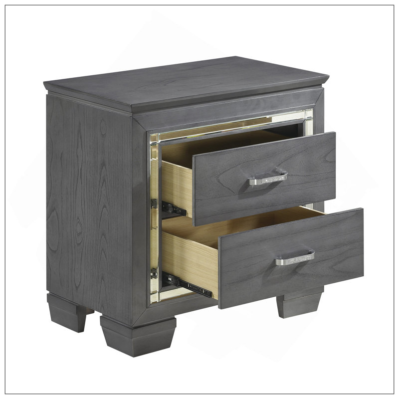 Table de chevet 1 pièce de style glamour avec 2 tiroirs, éclairage à DEL, faux cristaux et poignées de bar, finition grise pour les chambres à coucher modernes