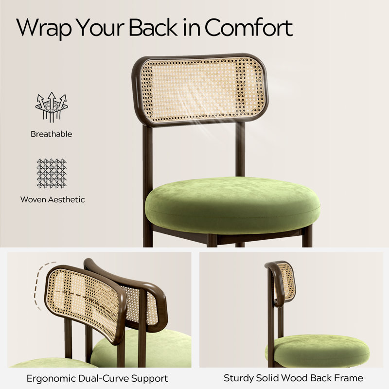 Walnut and Green Velvet Mid-Century Modern Rattan Side Chair Set